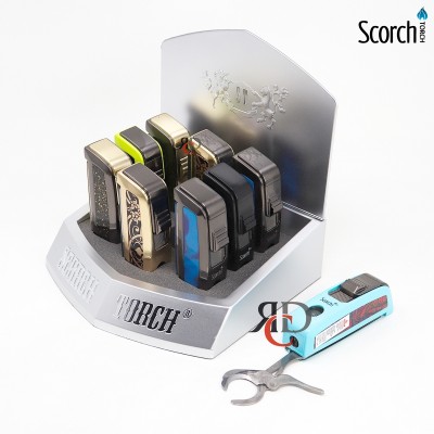 SCORCH TORCH HEAVY DUTY CIGAR TORCH W/ BUILT IN SCISSOR CIGAR CUTTER 9CT/ DISPLAY